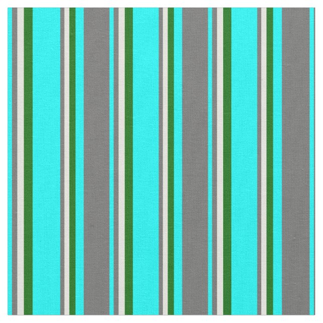 Aqua, Dim Grey, Beige & Dark Green Stripes Fabric (Close Up)