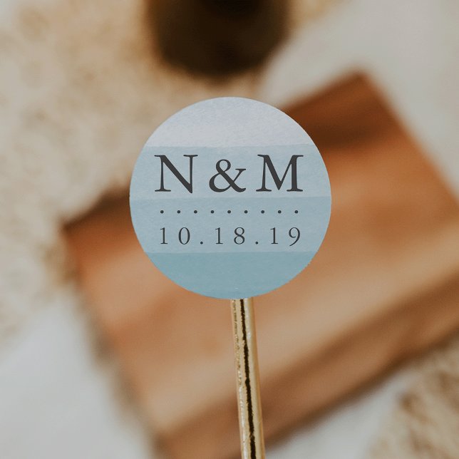 Aqua Dip Dye Watercolor Wedding Monogram Classic Round Sticker (Creator Uploaded)
