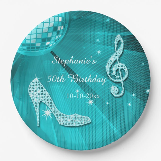Aqua Disco Ball and Heels 50th Birthday Paper Plates (Front)
