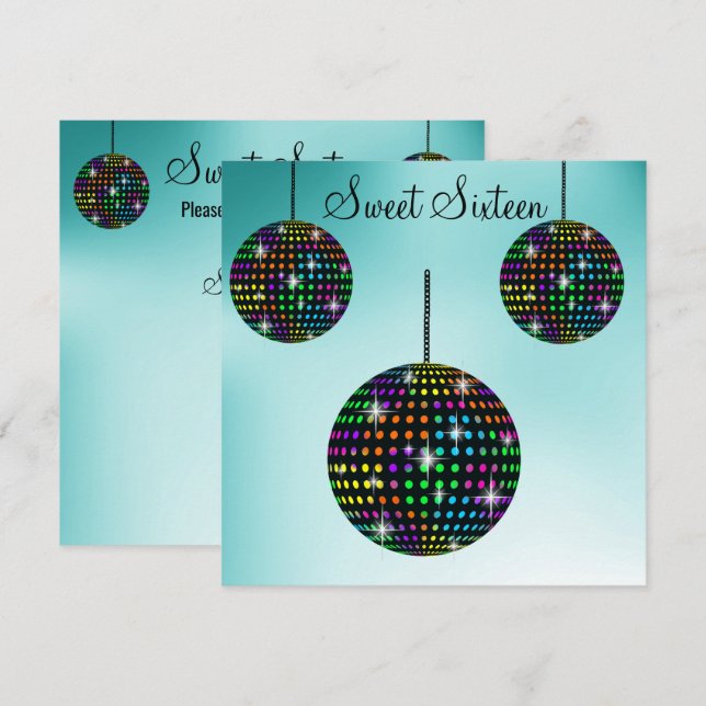 Aqua  DISCOBALL SWEET SIXTEEN PARTY INVITATION (Front/Back)