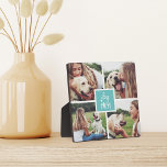 Aqua | Dog Mom Photo Collage Plaque<br><div class="desc">Show off your dog mom status with this cute photo collage plaque featuring four square photos of you and your pup. "Dog Mom" appears in the center in white hand lettered typography on a turquoise aqua square.</div>