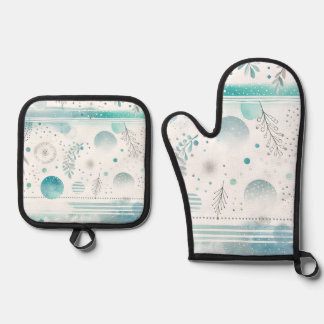 Aqua Dots and Foliage Design Oven Mitt & Pot Holder Set