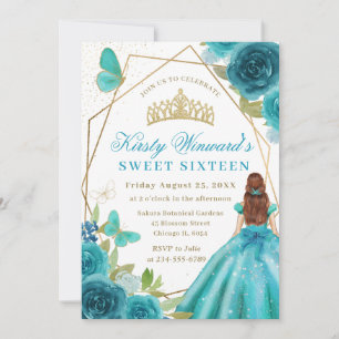 Aqua Dress Red Haired Woman Flowers Sweet 16 Invitation