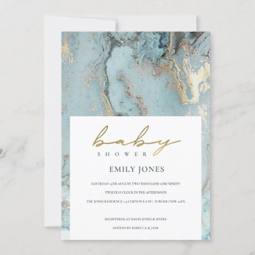 AQUA DUSKY BLUE GOLD AGATE BABY SHOWER INVITE