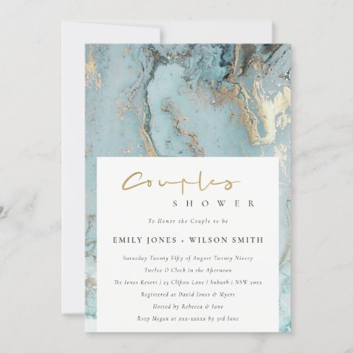 AQUA DUSKY BLUE GOLD AGATE COUPLES SHOWER INVITE