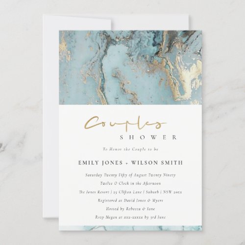 AQUA DUSKY BLUE GOLD AGATE COUPLES SHOWER INVITE