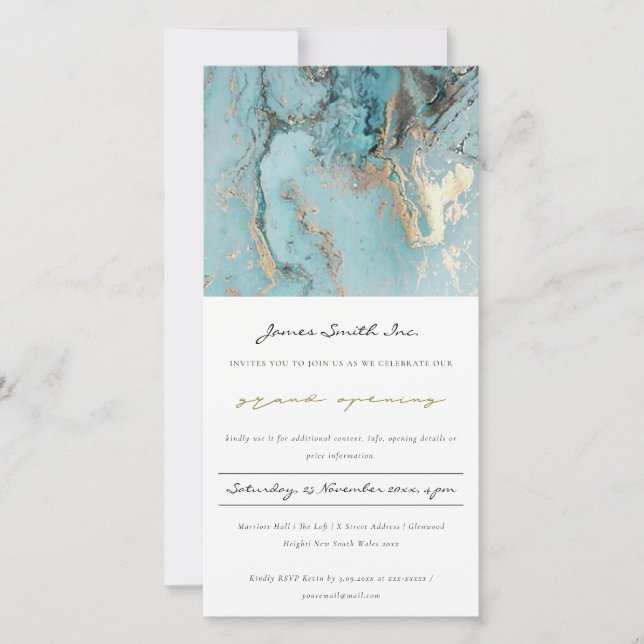AQUA DUSKY BLUE GOLD AGATE  GRAND OPENING INVITE (Front)