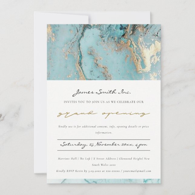 AQUA DUSKY BLUE GOLD AGATE  GRAND OPENING INVITE (Front)
