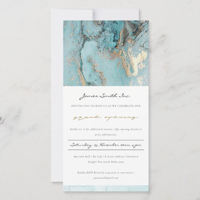 AQUA DUSKY BLUE GOLD AGATE  GRAND OPENING INVITE (Front)