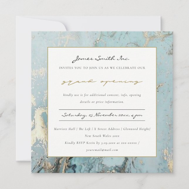 AQUA DUSKY BLUE GOLD AGATE  GRAND OPENING INVITE (Front)