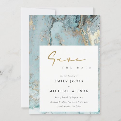 AQUA DUSKY BLUE GOLD AGATE SAVE THE DATE INVITE