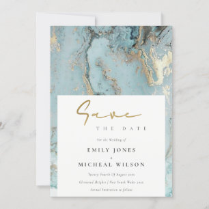 AQUA DUSKY BLUE GOLD AGATE SAVE THE DATE INVITE