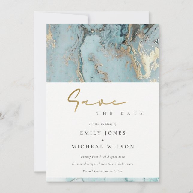 AQUA DUSKY BLUE GOLD AGATE SAVE THE DATE INVITE (Front)