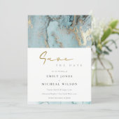 AQUA DUSKY BLUE GOLD AGATE SAVE THE DATE INVITE (Standing Front)