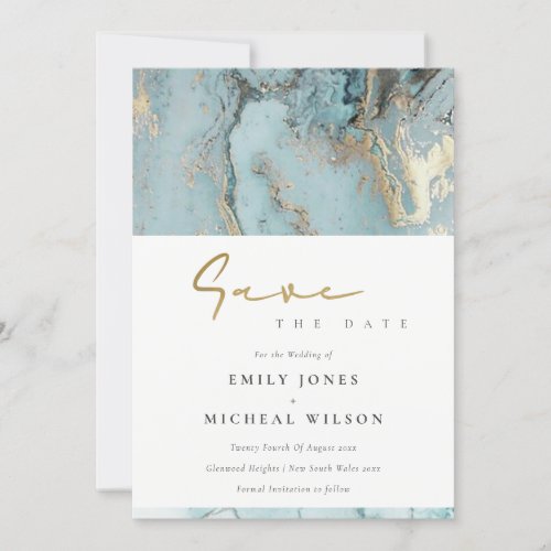 AQUA DUSKY BLUE GOLD AGATE SAVE THE DATE INVITE