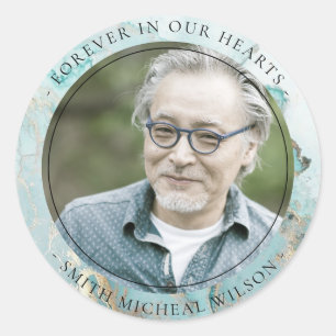 AQUA DUSKY BLUE GOLD AGATE SYMPATHY MEMORIAL PHOTO CLASSIC ROUND STICKER