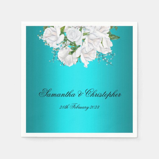 Aqua Elegance White Bridal Bouquet Wedding Napkins (Front)