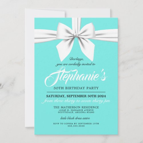 Aqua Elegant Bow White Tiffany Birthday Invitation