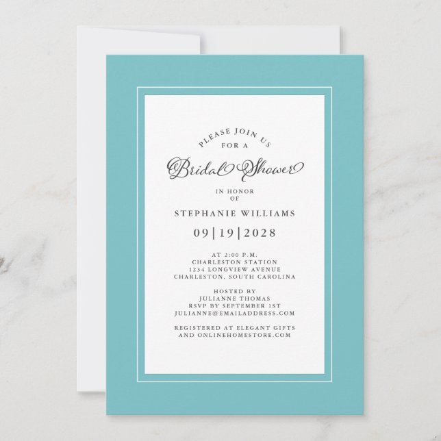 Aqua Elegant Calligraphy Bridal Shower  Invitation (Front)