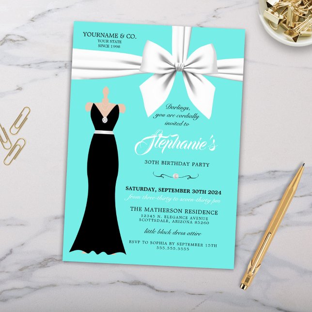 Aqua Elegant Fashion Tiffany Birthday Invitation (Elegant Little Black Dress Aqua Teal Blue Tiffany Theme Birthday Invitation with White Bow Pearls)