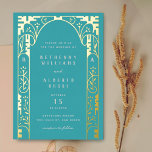 Aqua Elegant Foil Art Nouveau Arch Foil Invitation<br><div class="desc">A beautiful and formal wedding invitation featuring gold foil elements and monogram initials. Perfect for a classic wedding with a modern and art deco twist. Gold foil details create a bloom of flowers and foliage with a vintage style.</div>