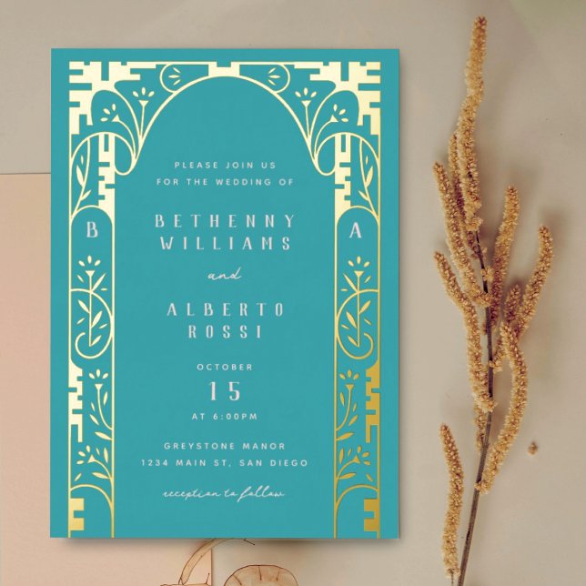 Aqua Elegant Foil Art Nouveau Arch Foil Invitation (Creator Uploaded)