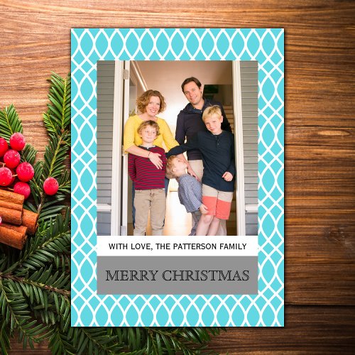 Aqua Elegant Lattice Holiday Photo Flat Card