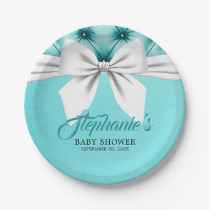 Aqua Elegant Tiffany Chic Bow Fancy Baby Shower Paper Plates