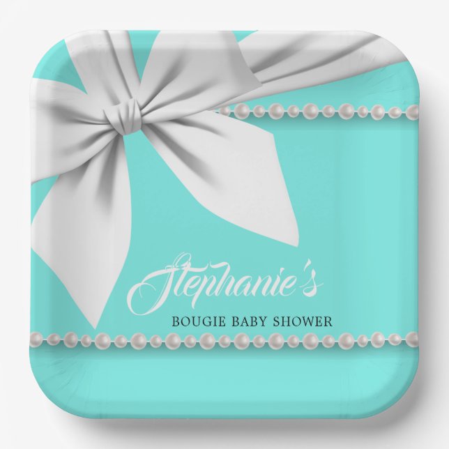 Aqua Elegant Tiffany Pearls Fancy Baby Shower Paper Plates (Front)
