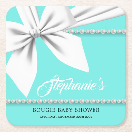 Aqua Elegant Tiffany Pearls Fancy Baby Shower Square Paper Coaster