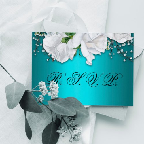 Aqua Elegant White Floral Wedding RSVP