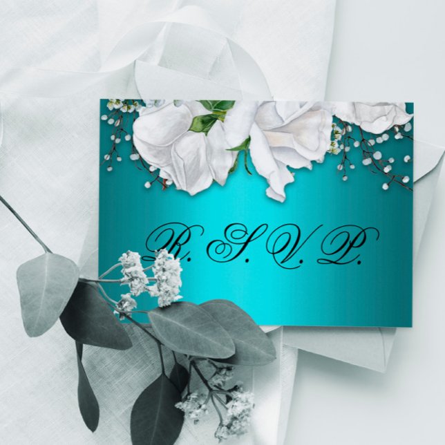 Aqua Elegant White Floral Wedding RSVP (Creator Uploaded)