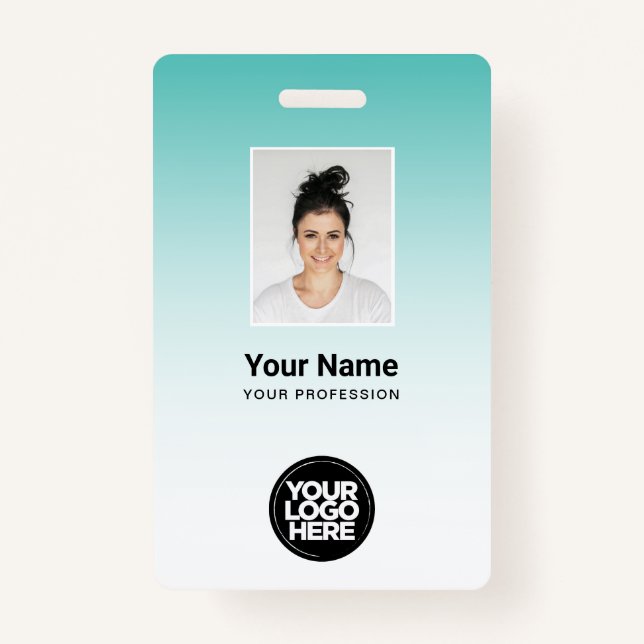 Aqua Employee Photo Bar Code Logo Name Gradient Badge (Front)