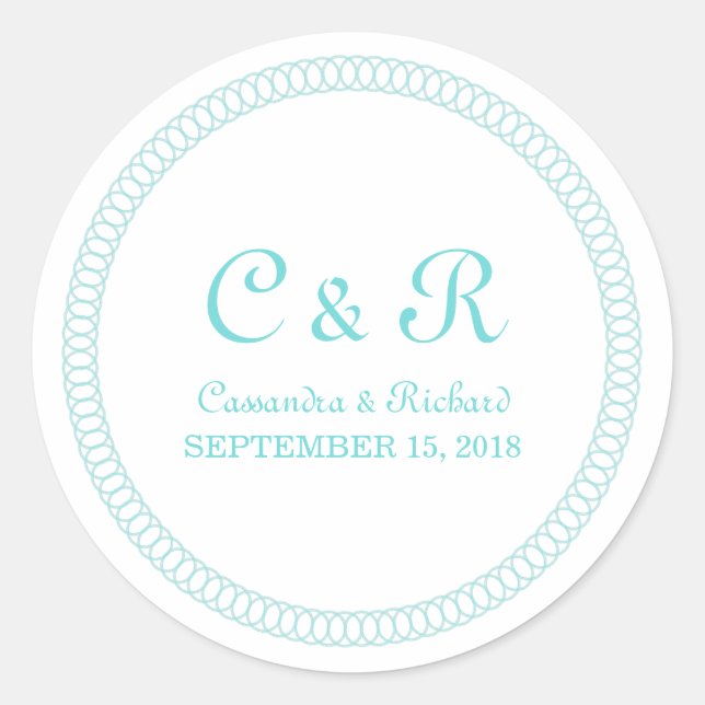 Aqua Encircled Round Wedding Stickers (Front)