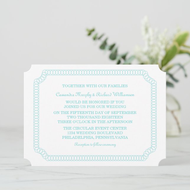 Aqua Encircled Ticket Wedding Invite (Standing Front)