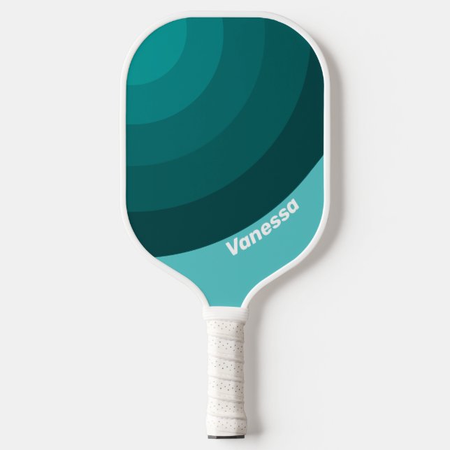 Aqua Fade Circle Stripe with Name Pickleball Paddle (Front)