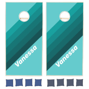 Aqua Fade Stripes with Name Cornhole Set
