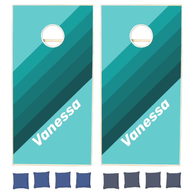 Aqua Fade Stripes with Name Cornhole Set (Set)