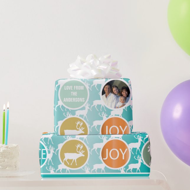 Aqua Family Photo Reindeer Christmas Merry Bright Wrapping Paper (Party Gifts)