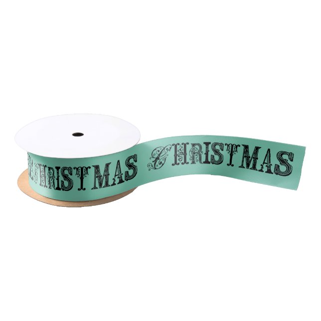 Aqua Fancy Text Christmas Ribbon (Spool)