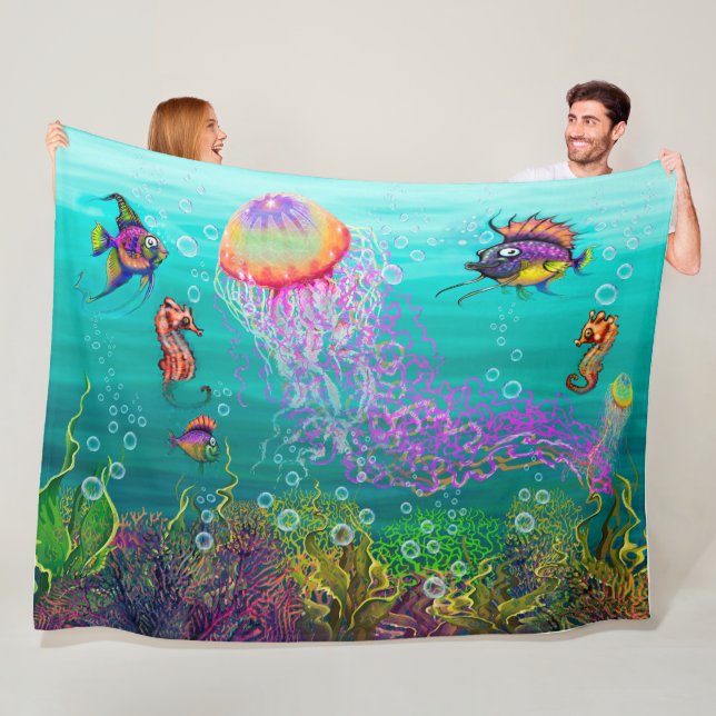 Aqua Fantasy Scene with Jellyfish Fleece Blanket (In Situ)