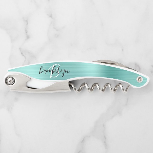 Aqua Faux Brushed Metal Monogram Script Waiter's Corkscrew (Front)