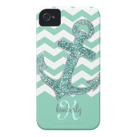 Aqua Faux Glitter Anchor Chevron Personalized Case-Mate iPhone Case (Back)