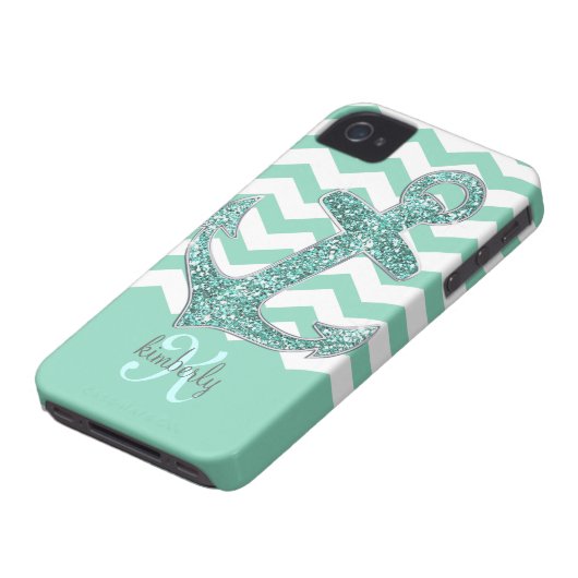 Aqua Faux Glitter Anchor Chevron Personalized Case-Mate iPhone Case (Bottom)