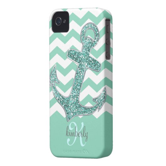 Aqua Faux Glitter Anchor Chevron Personalized Case-Mate iPhone Case (Back Left)