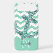Aqua Faux Glitter Anchor Chevron Personalized Case-Mate iPhone Case (Back)