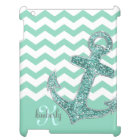 Aqua Faux Glitter Anchor Chevron Personalized