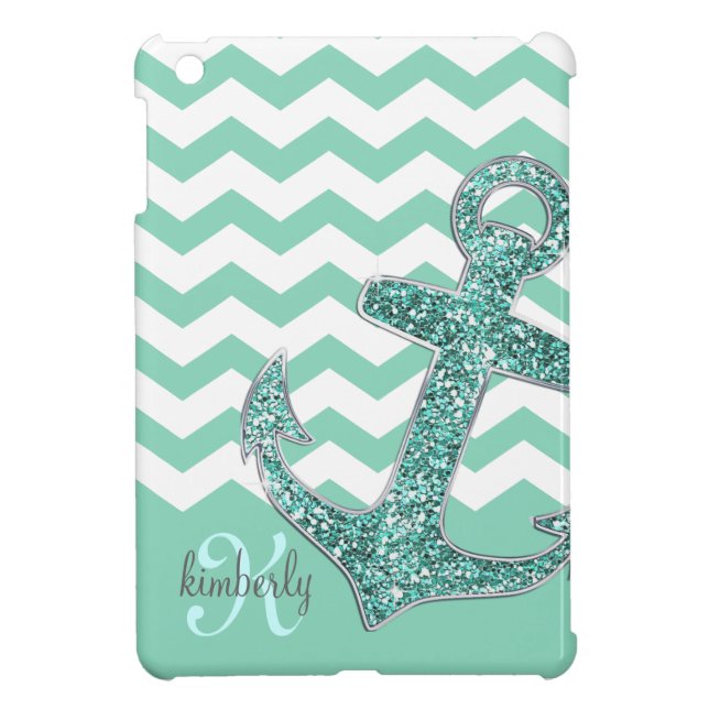 Aqua Faux Glitter Anchor Chevron Personalized Cover For The iPad Mini (Back)