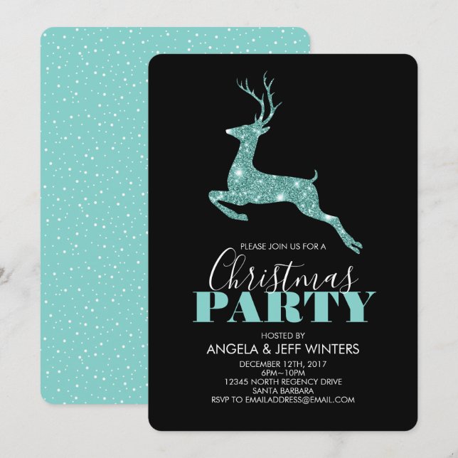 Aqua Faux Glitter Deer Christmas Party Invitation (Front/Back)