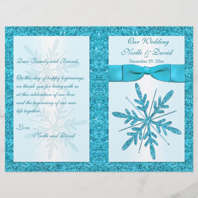Aqua FAUX Glitter Snowflakes Wedding Program (Front)